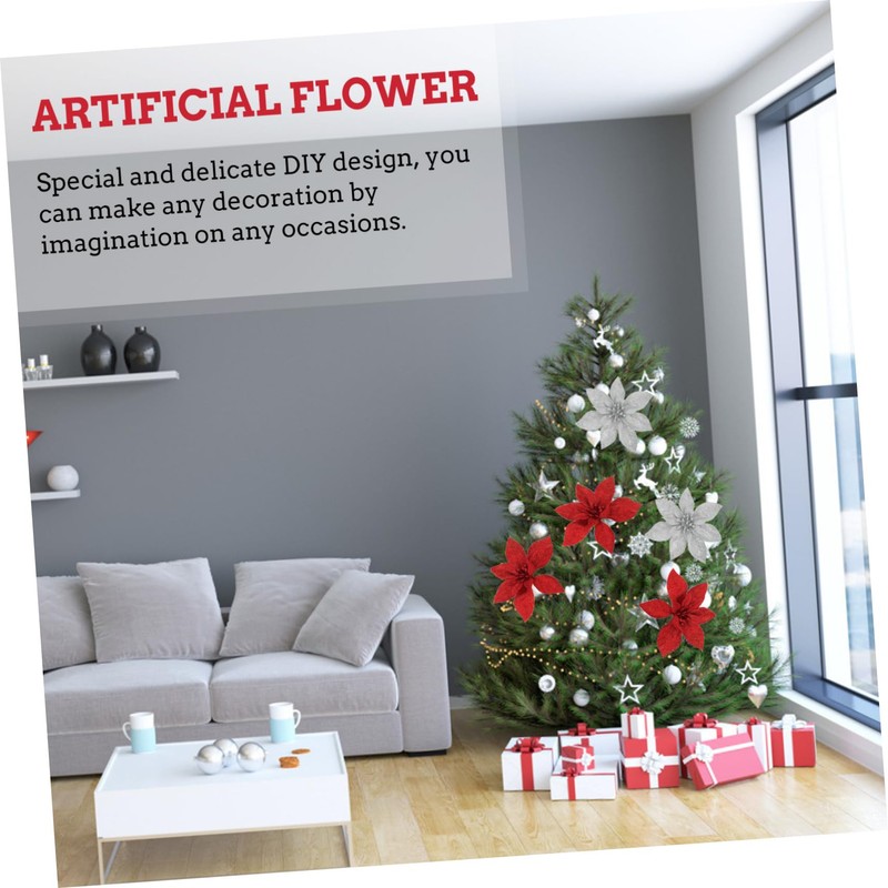 iplusmile 10pcs Glitter Artificial Christmas Flowers Red Silver Tree Hanging