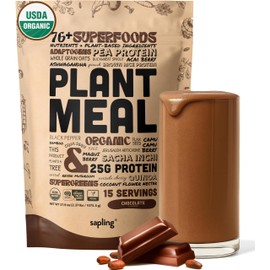 Plant Meal Replacement Shake - Chocolate - 25g of Plant Based Vegan Protein Powder, 76+ Organic Superfoods, Vitamins & Minerals, Mushrooms, Super Greens, Digestive Enzymes & Probiotics - 15 Servings