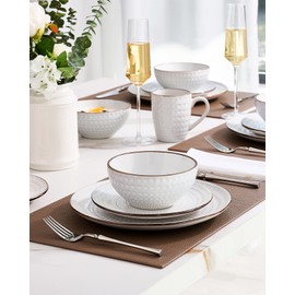 Famiware Eden Embossed Plates and Bowls Sets, Stoneware Dinnerware with Gold Trim, 12-Piece Luxury Dishes for 4, Everyday & Formal Use, Chip/Scratch Resistant, Microwave/Dishwasher Safe, White Circle