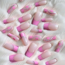 Lifextol 24pc Pink French Tip Square Heart Design Press-on Nails with Adhesive Tabs