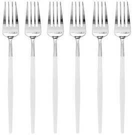 Shiny Silver Plastic Moderno Dinner Forks With White Handle (Pack Of 20) - Disposable & Stylish, Perfect For Parties, Weddings, Catering Events, & More