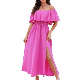 CUPSHE Women Ruffle Maxi Summer Dress Off Shoulder Short Sleeve Backless Flounce Bodice Slit Hem Beach Dresses Solid Fuchsia, L