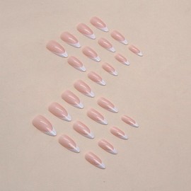 French Tip Press on Nails Acrylic Full Cover Fake Nail Kit Glossy Nude Medium Almond False Nails For Women And Girls 24pcs Manicure Artificial Nails