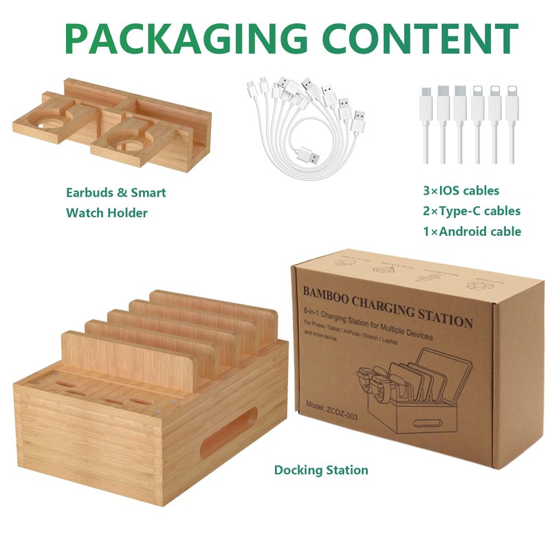 Bamboo Charging Station for Multiple Devices, Desktop Organizer Docking Station,