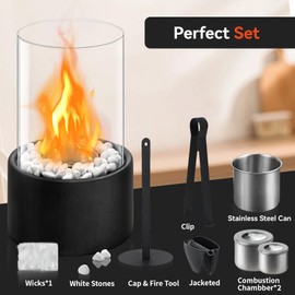 Poofzy Table Top Firepit, Round Indoor Fire Pit Tabletop w/ 2 Combustion Chambers, Portable Tabletop Fireplace for Outdoor Patio Decor Valentines Day, Black