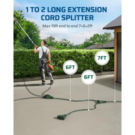 DEWENWILS Outdoor Extension Cord 1 to 2 Splitter, 19FT Total Length, 6 Grounded Outlets, 16AWG SJTW Heavy Duty Power Cord Waterproof for Landscaping Light, Holiday Decoration, Green, ETL Listed