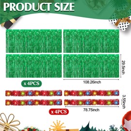 Crowye 8 Pcs LED Christmas Parade Float Decorations Set Foil Fringe Table Skirt and Tinsel Garland Shiny Metallic Tassel Banner for Trailer Glow Christmas Float Supplies (Red Green,Classic)