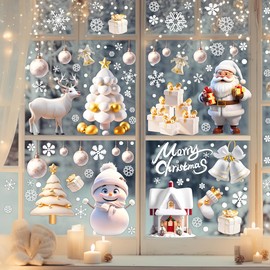 QRTDXP 9 Sheets Christmas Window Stickers for Xmas Party Decoration,White Reindeer Snowman Santa Claus Christmas Stereoscopic Window Clings for Window Door Display（Double-Side）