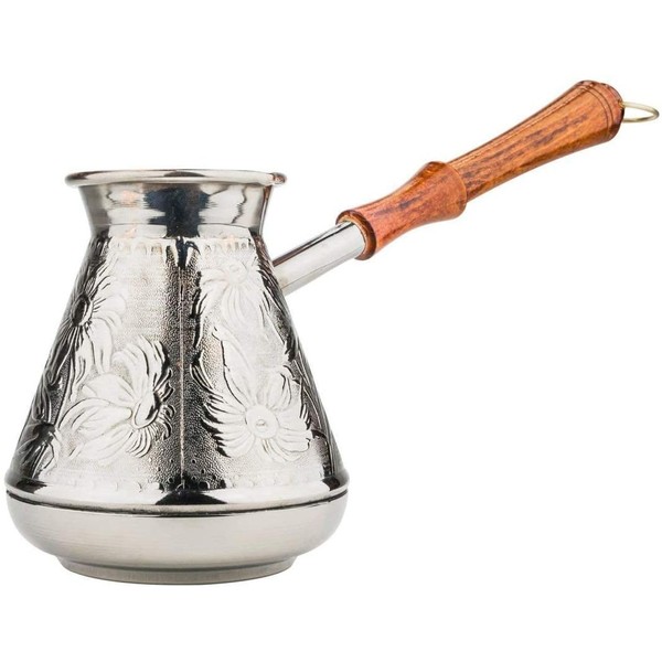13.5 Oz./400 ml Thick Solid Copper Coffee Pot, Turkish Greek Arabic Coffee Cezve Ibrik Briki Turka with Wooden Handle, Authentic Copper Oriental Jezve, 1-Piece