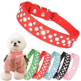 Rhinestone Dog Collar, Adjustable Durable PU Leather Crystal Pets Collar Diamond Bling Cat Collar For Small Medium Large Dogs Red S