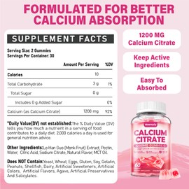 Calcium Citrate Gummies 1200 mg for Adults: Ultimate Absorption Calcium Supplement for Women & Men - Easy to Digest, Vegan, Non-GMO, Gluten Free - Natural Strawberry Flavor