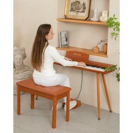 Duet Piano Bench with Padded Cushion and Storage - Solid Wood Keyboard Bench Bookcase Stool Chair Seat Vanity Stool Tufted Wooden Piano Seat, Comfortable Sponges Pad,Brown