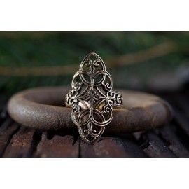 Windalf Bohemian Finja Women's Ring 28 mm Medieval Jewellery Ornamental Bronze, Fabric jewellery bag, Onyx