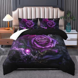 Tuzaovy Purple Rose Full Size Comforter Set,Purple Bedding Full Size Comforter Sets,Purple Room Decor for Bedroom for Women,Full Quilt Bedding Set Flower,Purple Rose Bed Set Full