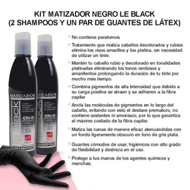 Kit Shampoo Matizador Le Black sin Sales y sin Parabenos 2 Piezas, Matizador de Canas, Platina el Cabello Rubio 250ml, Incluye par de Guantes de látex para Aplicación.