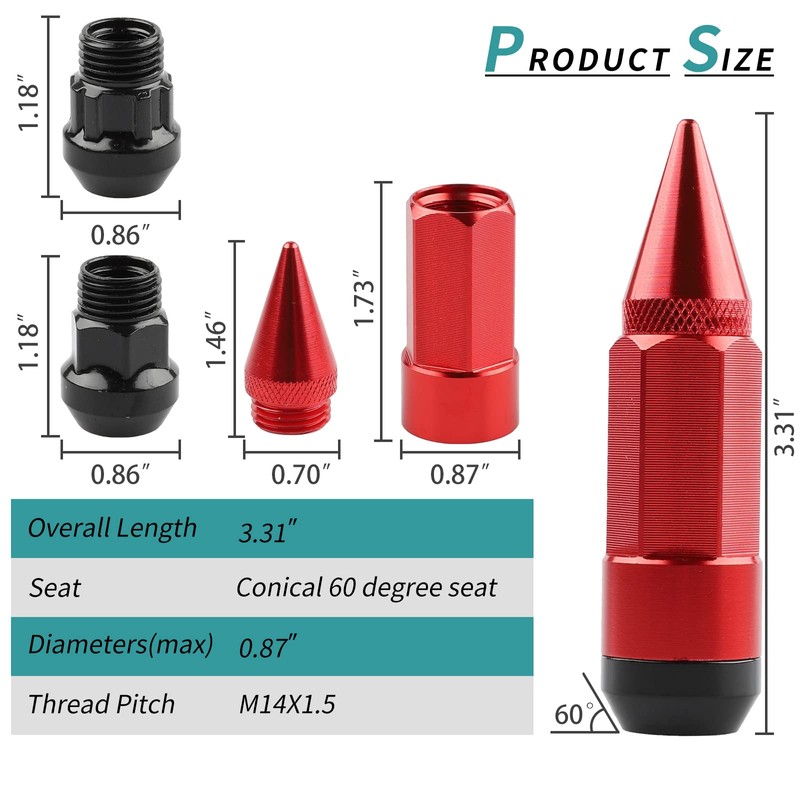 YeshineAuto M14X1.5 Spikes Lug Nuts, 24PCS Anti Theft Wheel Lug