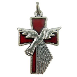 Religious Jewelry Silver Tone Red Enameled Holy Spirit Dove Confirmation Pendant, 1 1/2 Inch