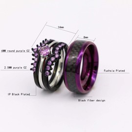 ringheart 2 Rings His and Hers Rings Couple Rings Purple Cz Womens Wedding Ring Sets Titanium Steel Mens Wedding Bands