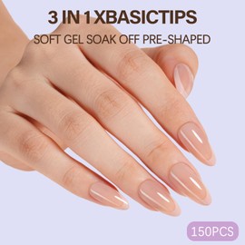 Misssix XBASICTIPS French Tip Press On Nails, 150Pcs French Gel Nail Tips Medium Almond, Soft Gel Pre-shaped No Need to File 3 in 1 Tips, Fake Nails for Nail Art DIY Extension Designs 15 Sizes