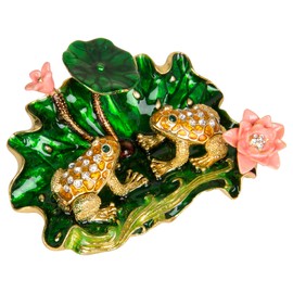 QIFU Hand Painted Enameled Frog with Lotus Decorative Hinged Jewelry Trinket Box Unique Gift for Home Decor