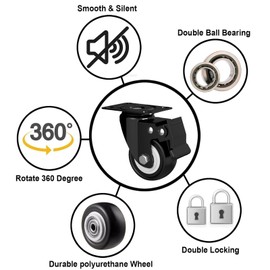 4 Pieces 360 Degree Swivel Castor Wheels, Heavy Duty Wheels with Brake, No Noise Barrier Polyurethane (PU) Wheels for Table, Trailer, Saw Table, Workbench Shopping Cart (1.5 Inch)