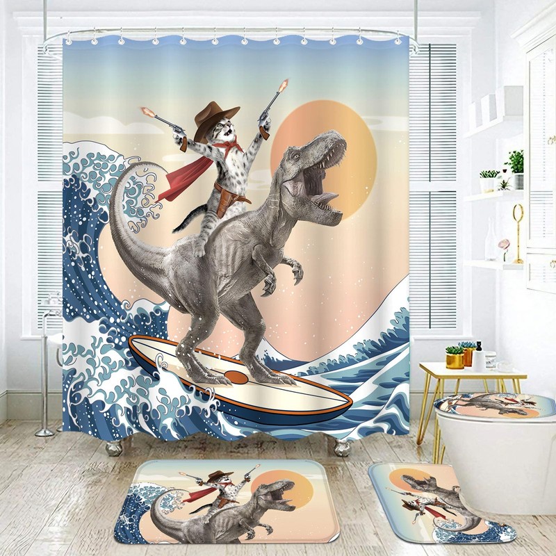 Yeoiat 4 Pcs Dinosaur Cat Shower Curtain Sets Funny Shower