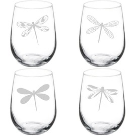 MIP Set of 4 Wine Glass Gift Goblet Dragonfly Collection (17 oz Stemless)