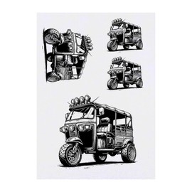 4 x 'Fancy Tuk Tuk' Temporary Tattoos - Water Resistant, Skin-Safe, Non-Toxic Transfers, Mixed Sizes (TO00083232)