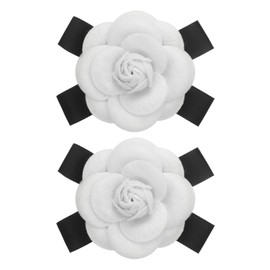 PATIKIL Camellia Flower Brooch, 2 Pcs Flower Brooches for Women Vintage Bow Pin Fabric Rose Brooch Lapel Scarf Buckle Pin Gifts for Sweater Bridal Dress, White