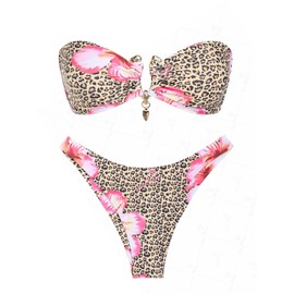 seamoly Ruched U-Ring Metal Tied Back Bandeau Top & Brazilian Bottom Bikini Set, Light Coffee, Small