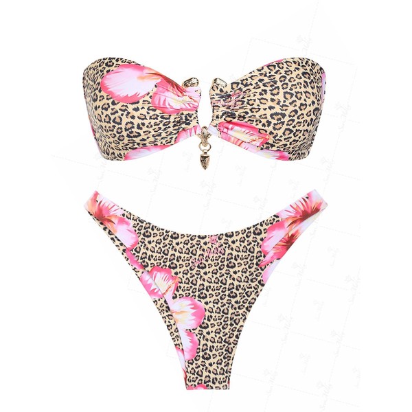 seamoly Ruched U-Ring Metal Tied Back Bandeau Top & Brazilian