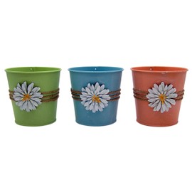 Wowser Pastel Metal Bucket Planters with Rope and Flower Design, Garden Décor, Set of 3, Assorted Colors, 5 Inches