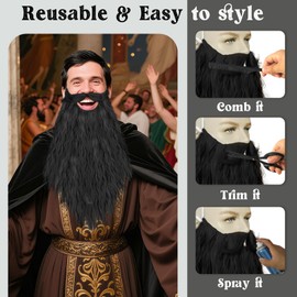 JoneTing Black Wizard Beard with Elastic Band for Men Synthetic Long Black Curly Beard for Adults Long Curly Facial Wizard for Cosplay Costume Outfit for Halloween Christmas Cosplay Party Mustache