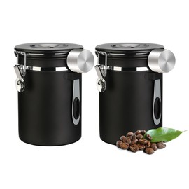 Coffee Canister Airtight Coffee Storage Container Stainless Steel Air Tight Coffee Jar with Scoop, Date Tracker and CO2 Release Valve for Beans, Ground, Tea, Flour, Cereal and Sugar (2pcs-Black-1.8L)