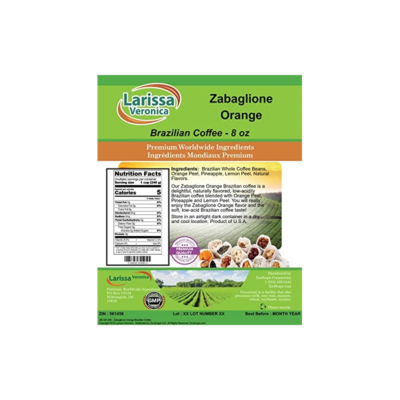 Zabaglione Orange Brazilian Coffee (Gourmet, Naturally Flavored, Whole Coffee Beans)