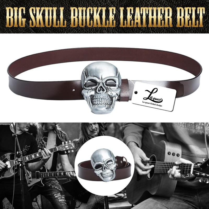 Laquest Men's Big Skull Buckle Leather Belt Metal Buckle Punk