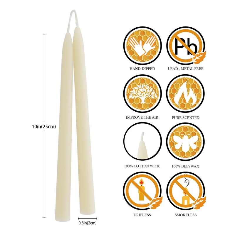10 inch Natural White Beeswax Taper Candles Set of 6,