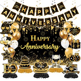 Happy Anniversary Decorations - Black Gold Wedding Party Decorations Kit, Happy Anniversary Banner, Backdrop, Hanging Swirls for Work Decorations (Black Gold)