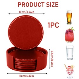 Coasters Set of 6 - Premium Leather Drink Coasters for Home, Office, and Coffee Table Protection, Round Coaster with Sewing Around, Non-Slip, Anti-Heat Cup Mats