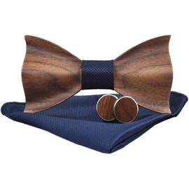 Good partner Wooden bow tie men's wooden bow tie men's classic 3D embossed wooden bow tie set plaid square scarf cufflinks casual solid wood environmental protection set. - darkblue