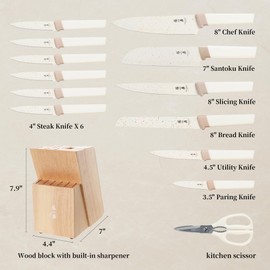 ZHANG XIAO QUAN Knife Set with White Block, High Carbon Stainless Steel Sharp Blades, Built-in Sharpener Kitchen Knife Block Set for Home Cooking