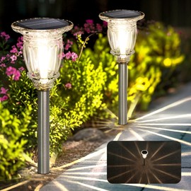 Solar Pathway Lights Outdoor 2 Pack, Warm White Glass and Stainless Steel Tungsten Heavy Duty Garden lights, 17.3" Waterproof & Solar Powered outdoor Light, Walkway Light, for Driveway Lawns Landscape