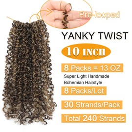 Aksice 10 Inch 8 Packs Yanky Twist Crochet Hair for Women Pre-looped Mini Twist Hair Bohemian Passion Twist Crochet Hair Boho Crochet Braids Synthetic (4H27)