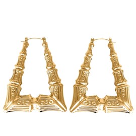 Gold Tone Hollow Casting Triangular Bamboo Hoop Earrings, 2 Inches