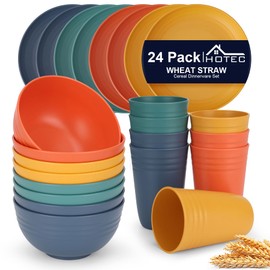 HOTEC 24-Pack Unbreakable Kitchen Plastic Wheat Straw Dinnerware Set – BPA-Free Plates, Bowls & Cups | Lightweight, Microwave & Dishwasher Safe | Multicolor Reusable Tableware for Home & Outdoor Use