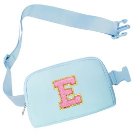 COSHAYSOO Blue Belt Bag Fanny Pack Crossbody Travel Essential Stuff Trendy Birthday Christmas Gifts for 4 5 6 7 8 9 10 11 12 Year Old Little Big Girls Monogrammed Cute Presents Initial Letter E