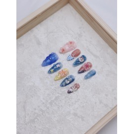 MengqiiGe Handmade Press-On Nails, Almond Shape, Assorted Designs with Floral, Hearts, Stars Patterns, 10 Pieces (MG-011, M)