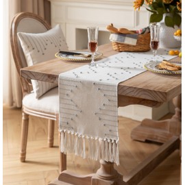 Caflife Boho Table Runner 13 x 108 Inch Long Natural Cotton Woven Runner with Tassels for Home Dining Table décor, for Modern Farmhouse Decor Coffee Table Runner, Grey and Beige