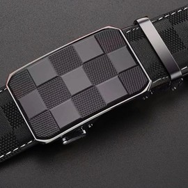 Men's Leather Ratchet Belt, Black with Metal Plate Buckle, Square Design, 3.2 cm Width