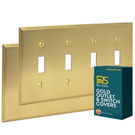 Rio Salto BRASS Deco Collection Standard Size Quad Toggle Gold Light Switch Cover Wall Plate Modern Linear Corrosion Resistant Big Wallplate Covers 4 Gang Brushed Brass Togle Switch 4-Gang (2-Pack)